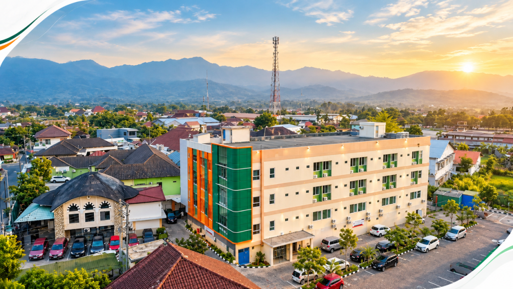 Gedung Modern dengan Latar Pegunungan Senja (1)